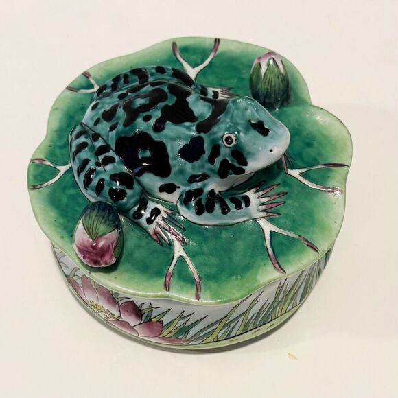 VTG Frog Lily Pad Trinket Box Ceramic Lotus Flower - Picture 6 of 10